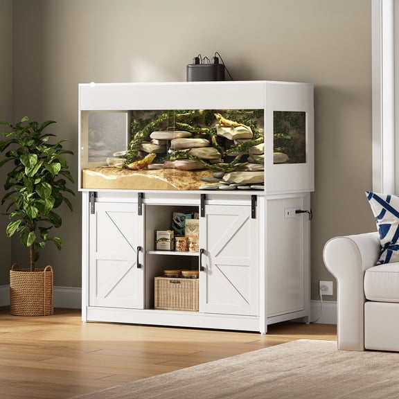Herture 120 Gallon Reptile Terrarium with Stand, 4x2x2 Large Bearded Dragon Enclosure with Sliding Acrylic Doors, Mesh Top, Power Outlet & Storage, Vivarium Tank for Snakes, Lizards, White PX04RTW