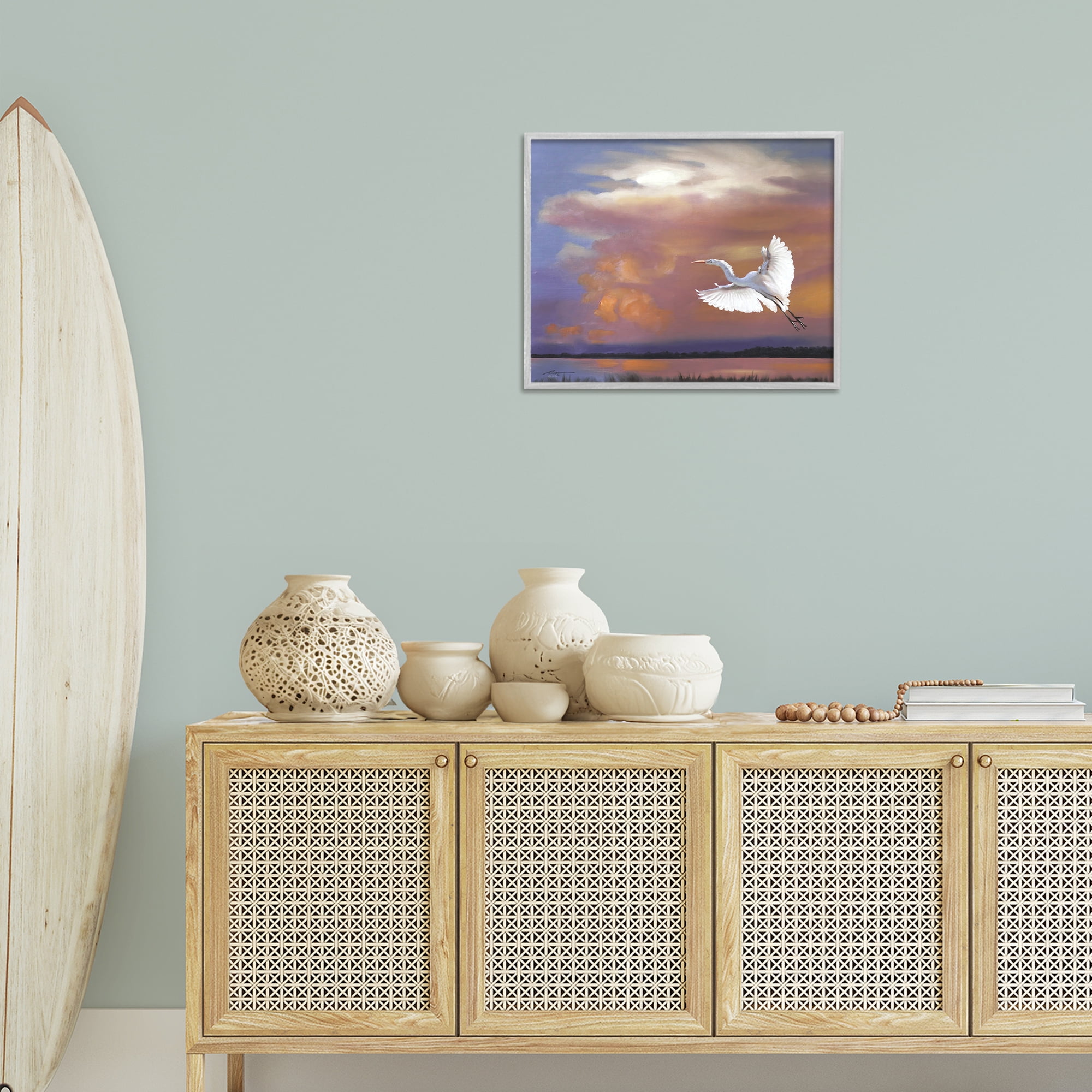Stupell Industries Heron Flying with Sunset Landscape Painting Gray Framed Art Print Wall Art, 20 x 16