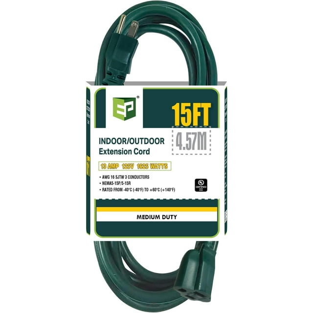EP Rallonge Extérieure de 15 Pi - Câble Électrique Vert 16/3 SJTW avec Fiche à 3 Broches Mise à la Terre