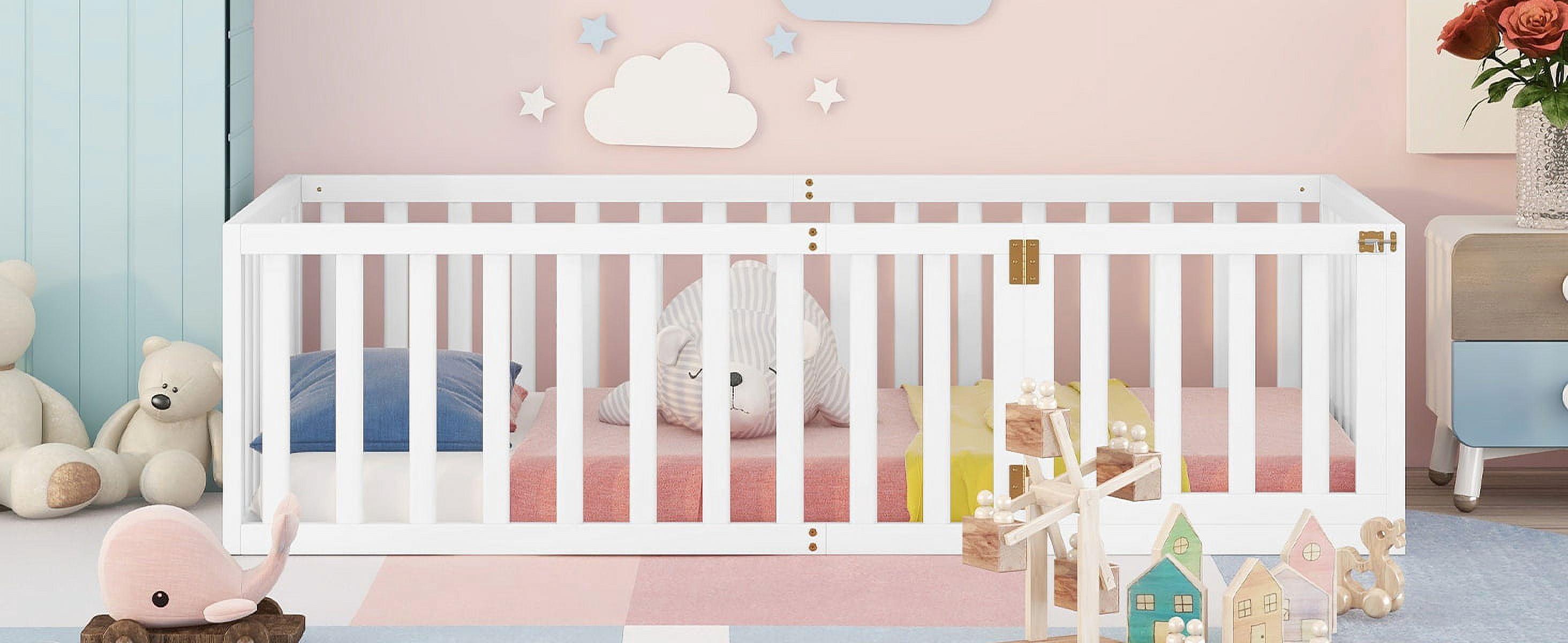Mintazer Twin Floor Bed with Guardrails & Hinged Gate Door, Montessori Toddler Floor Bed Frame for Kids, White