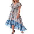 thumbnail image 4 of EIMELI Femmes Robe Boho Longue Manches Courtes V Cou Irrégulière Ourlet Cravate Robe Florale, 4 of 7