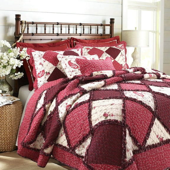 Spanish Rose 100% Hypoallergenic cotton 3 piece Reversible Paisley Patchwork Quilt Set Bedroom Quilt Bedding Queen Size Red
