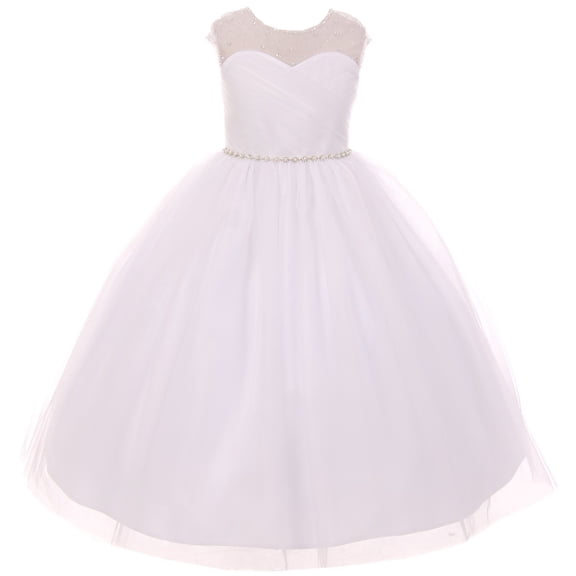 Little Girl Pearl Rhinestone Illusion Formal First Communion Flower Girl Dress White 7 TR 549 BNY Corner