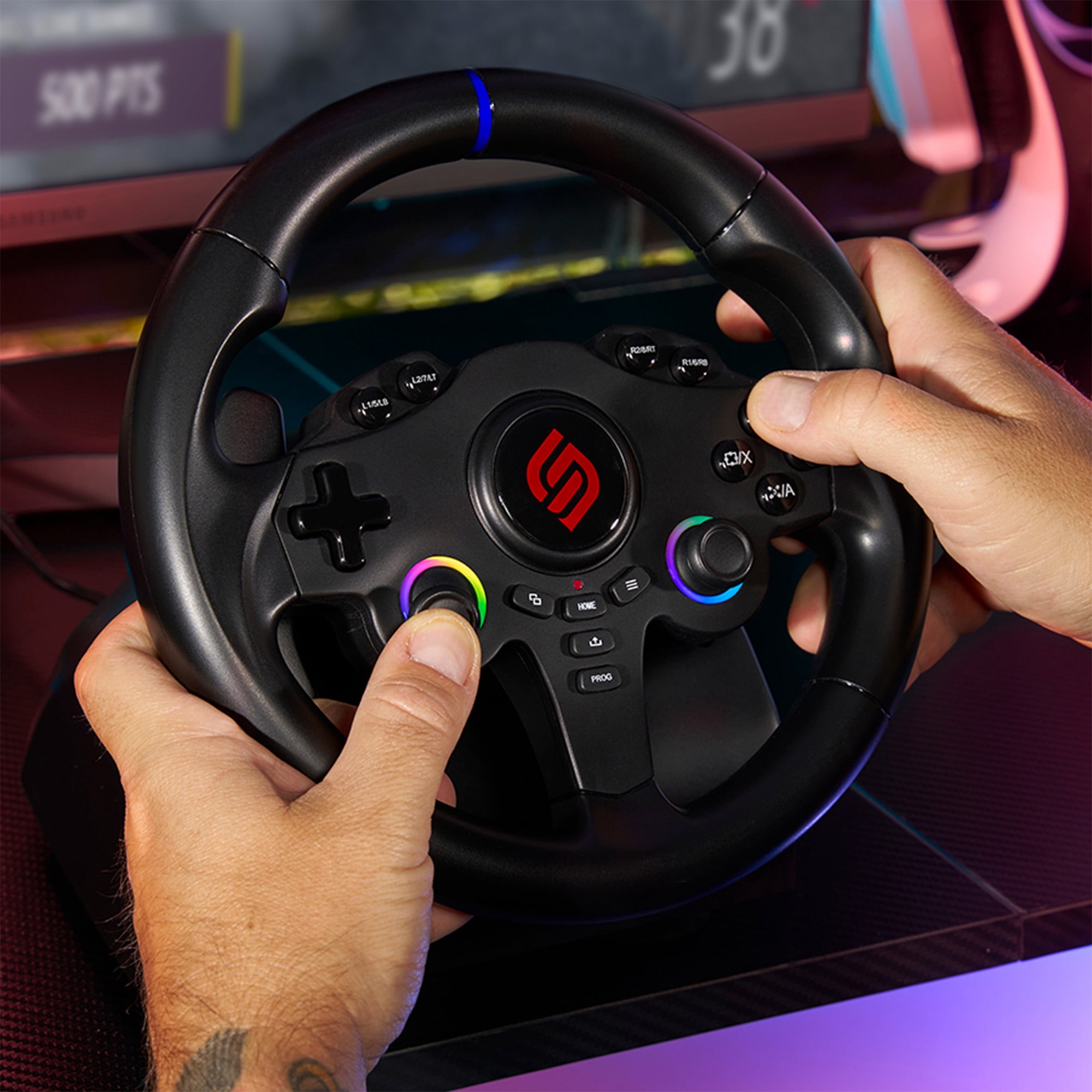 Subsonic - Superdrive 220 RS-5 Steering Wheel - PS5 Racing Wheel with Dual Joysticks, 180° Rotation, Pedals and Paddles. Compatible with PS5 and PC - Black