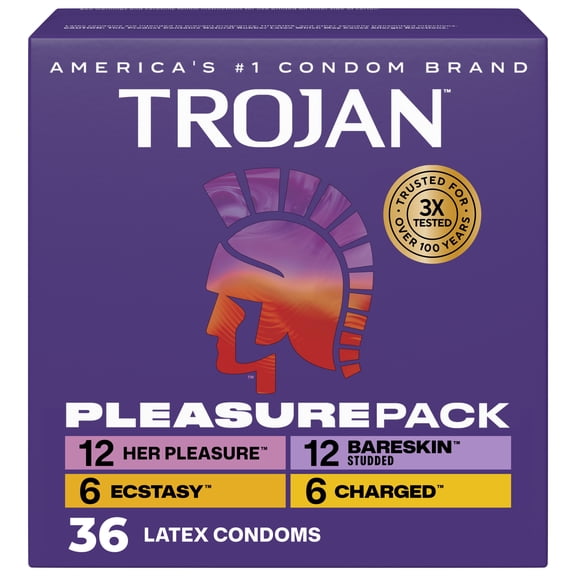 Trojan Pleasure Pack, Assorted Latex Lubricated Condoms for Men, Her Pleasure, Bareskin Studded, Ecstasy & Charged Varieties, 36 Count