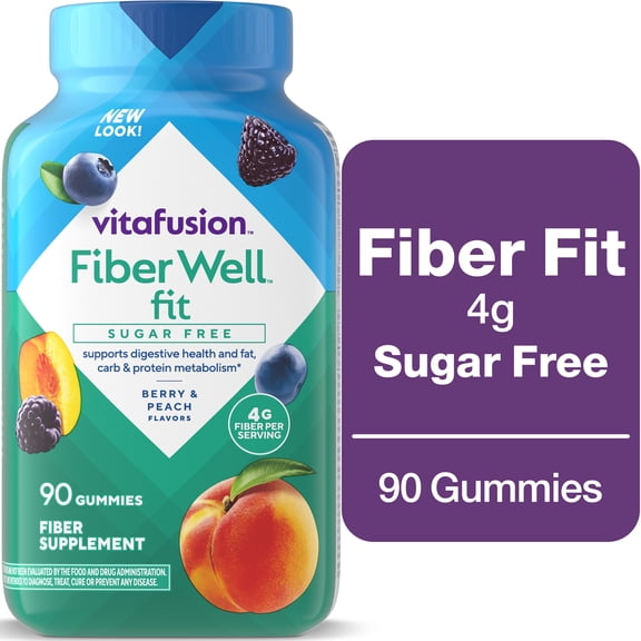 vitafusion Fiber Well Fit Sugar Free Gummy Vitamins Supplement, Berry and Peach Flavor, 90 Count