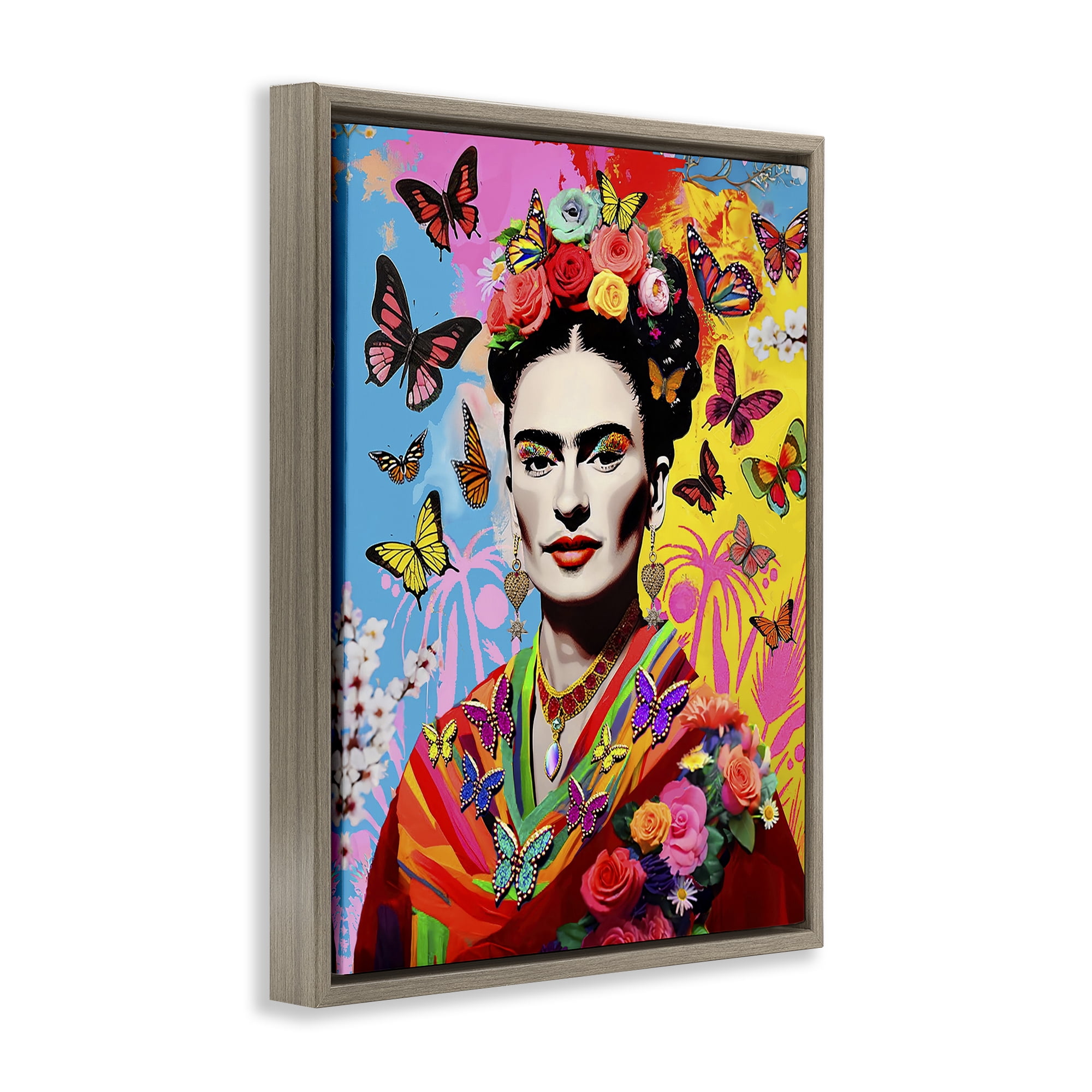 Stupell Industries Eccentric Butterflies Frida People Painting Brown Floater Framed Canvas Art Print Wall Art, 25 x 31