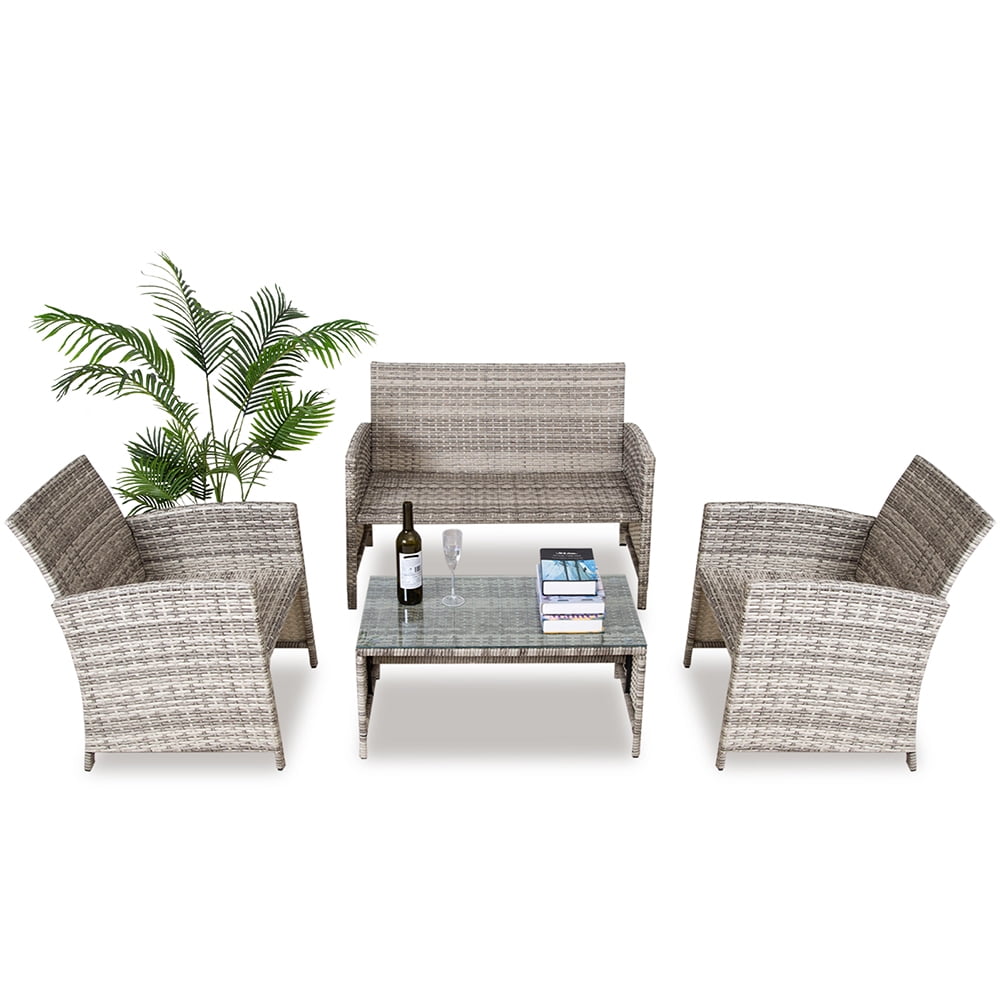 Kadyn 4 Pieces Conversation Sets, Outdoor Patio Wicker Furniture Sets with 2 Single Chairs, Double Chair and Coffee Table, Rattan Conversation Set for Homes, Grey Kadyn 4 Pieces Conversation Sets, Outdoor Patio Wicker Furniture Sets with 2 Single Chairs, Double Chair and Coffee Table, Rattan Conversation Set for Homes, Grey