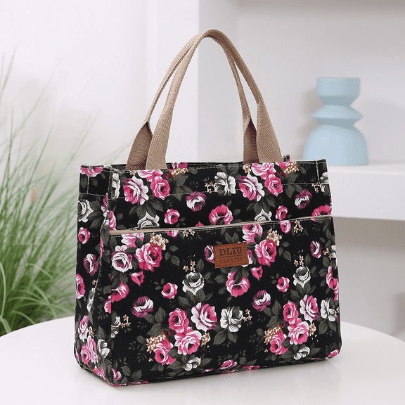 DLIU Thickened fabric fabric, floral pattern, large-capacity tote bag, portable handbag for shopping out to work, daily storage bag