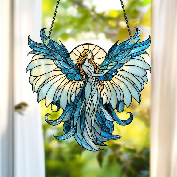 Angel with Blue Wings Faux Stained Glass Suncatcher Heavenly Acrylic Window Hanging Decor Gift for Spiritual and Angel Enthusiasts