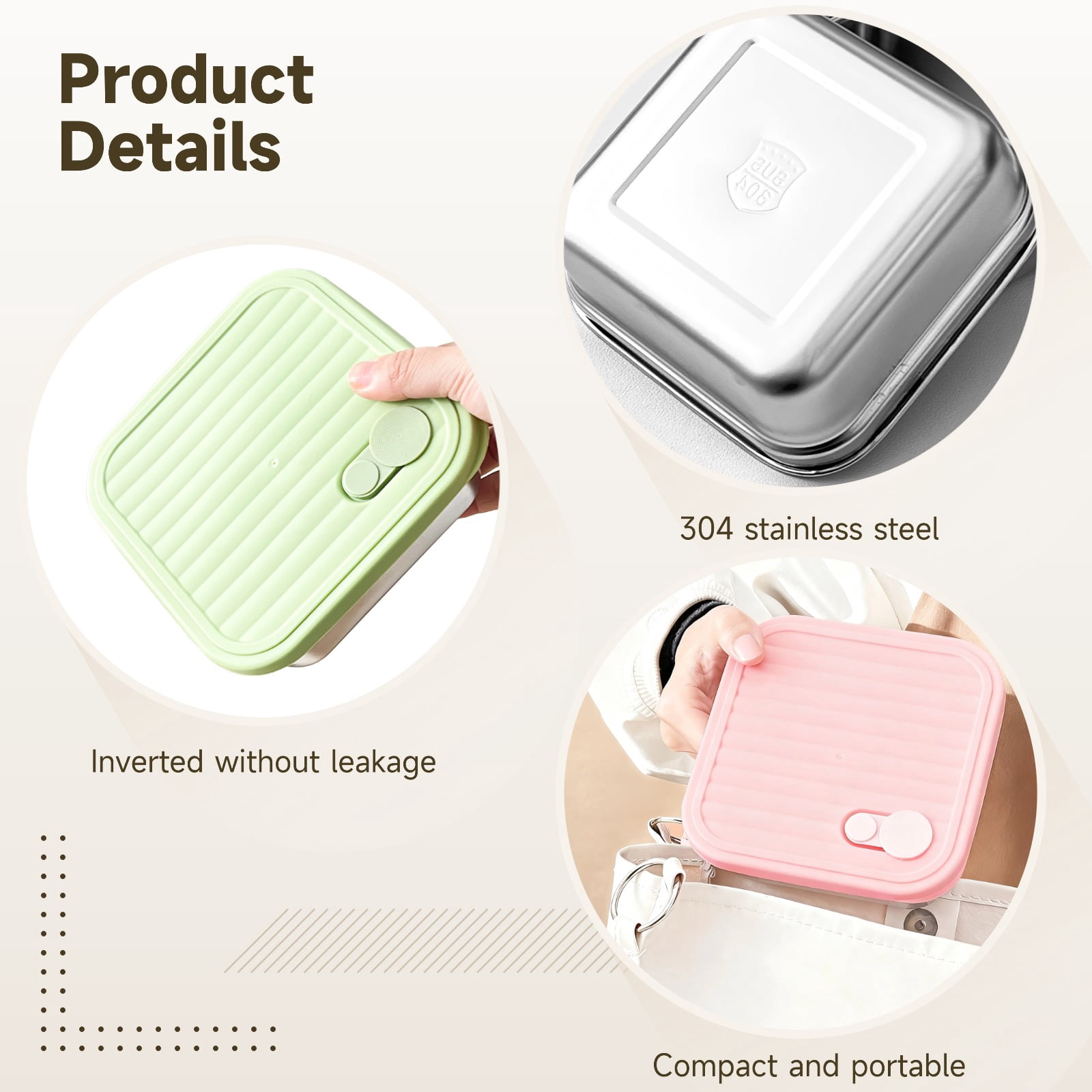 4 Pcs Stainless Steel Lunch Box Set with Leak Proof Silicone Lids, 304 Food Grade Metal Meal Prep Containers Includes 2 Single and 2 Double Compartments, Stackable Bento Box for Adults Office Picnic
