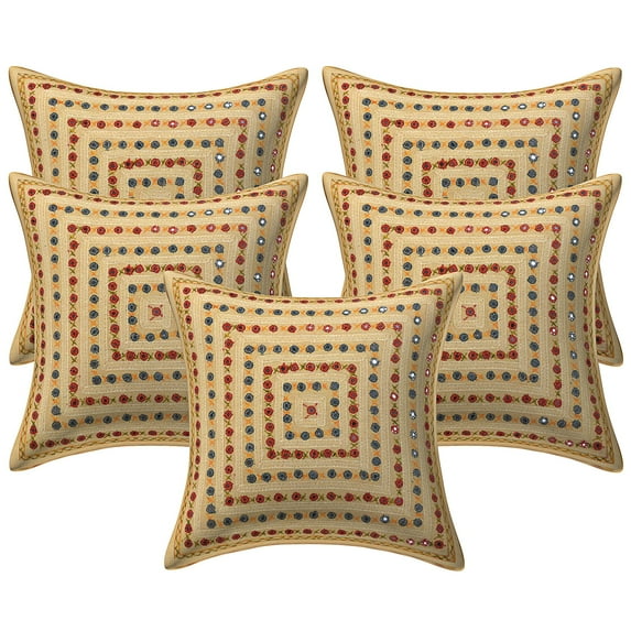 Stylo Culture Indian Sofa Throw Pillow Covers 16 x 16 Embroidered Mirror Lace Light Yellow Bohemian 40cm x 40cm Bed Room Cotton Geometric Square Cushion Covers | Set Of 5