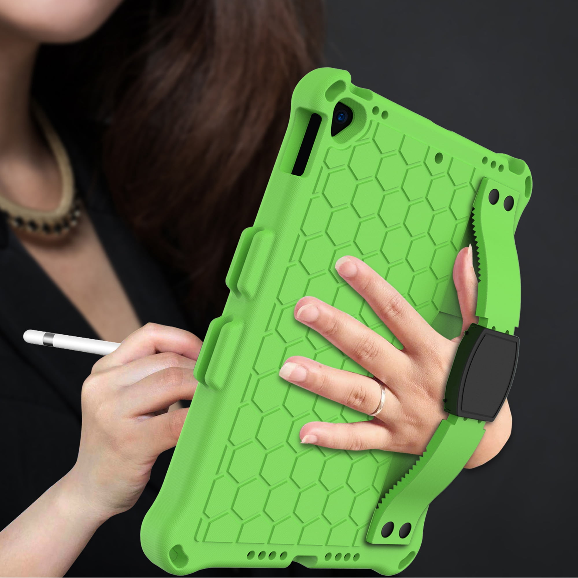 Dteck iPad 10.2 2021 Case with Adjustable Shoulder Strap, Kids Case for iPad 9th Gen/iPad 8th Gen/iPad 7th Gen, Heavy Duty Rugged Kickstand Case with Hand Strap & Pencil Holder, Green