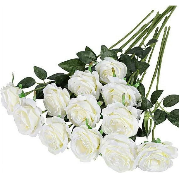 Nvzi 12 ramos de flores artificiales de seda, ramos de rosas realistas con tallos largos para decoración del hogar, bodas y fiestas (blanco)
