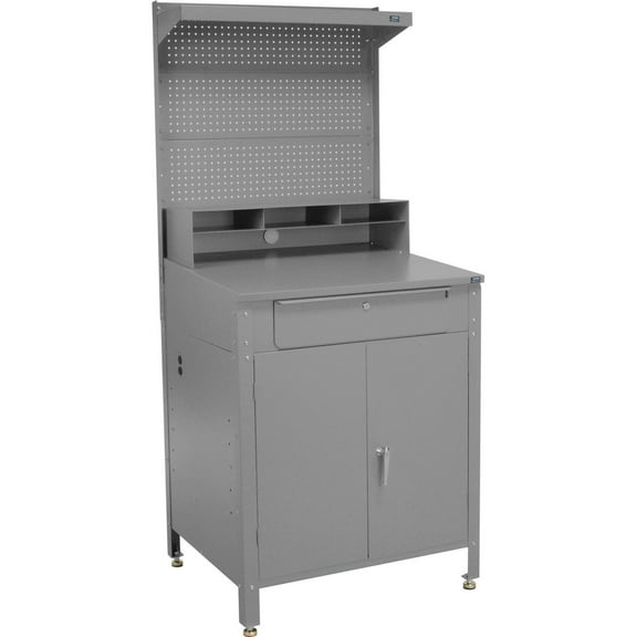 34-1/2"W x 30"D x 80"H Cabinet Shop Desk with Pigeonhole Riser, Pegboard & Top Shelf, Gray