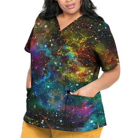 

Sksloeg Womens Scrub Tops Plus Size Starry Printed Scrub Shirt Tops Short Sleeve V-Neck Working Uniform Workwear with Pocket Yellow XXXXXL