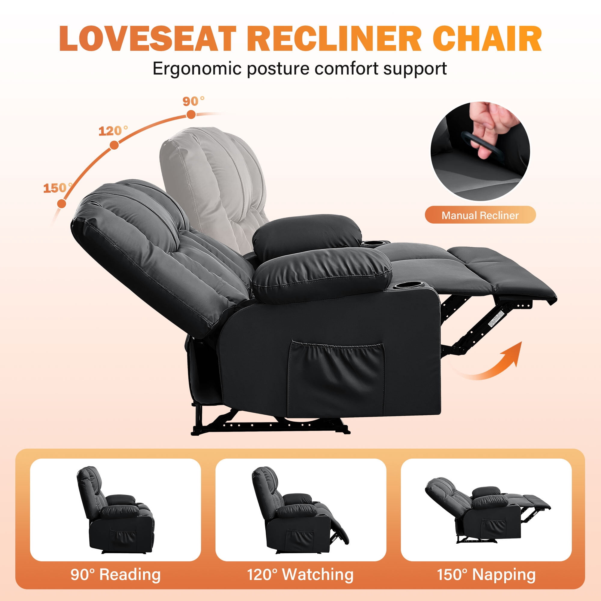 Alvantor Loveseat Recliner Sofa for Adults with Massage & Heating, Modern Leather Manual Recliner Chair with Cup Holders for Home Theater Black