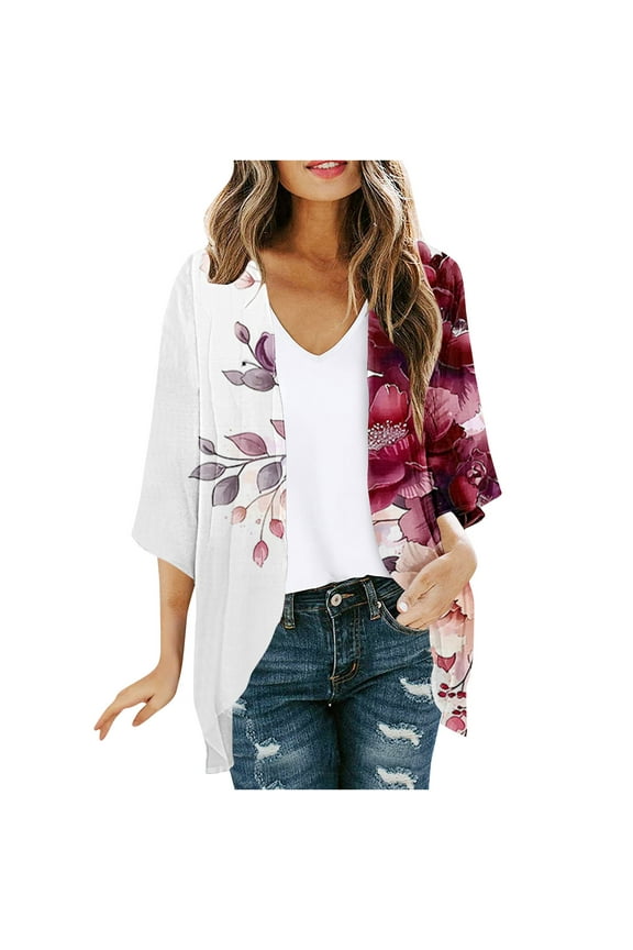 Women Lightweight Chiffon Kimono Cardigan Women Boho Floral Printed Half Sleeve Shawl Chiffon Cardigan Casual Beach Cover Ups Multicolor,L