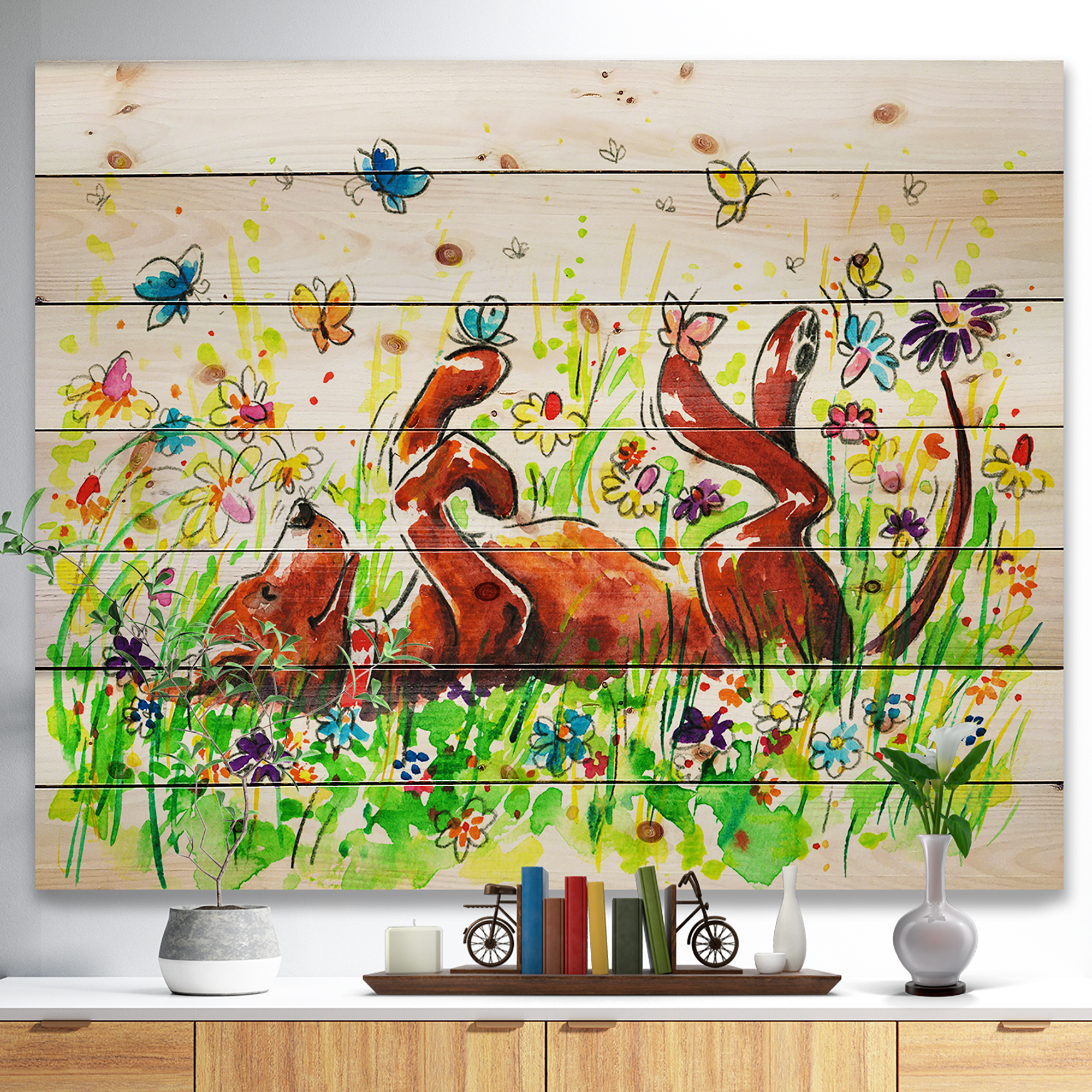Designart 'Happy Brown dog with Flowers and Butterfly ' Animal Print on Natural Pine Wood