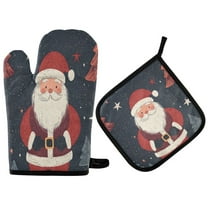 Yayeee Oven Mitts and Pot Holder Set of 4 Heat Resistant Kitchen Gloves Baking Hot Pad, Blue Christmas Santa