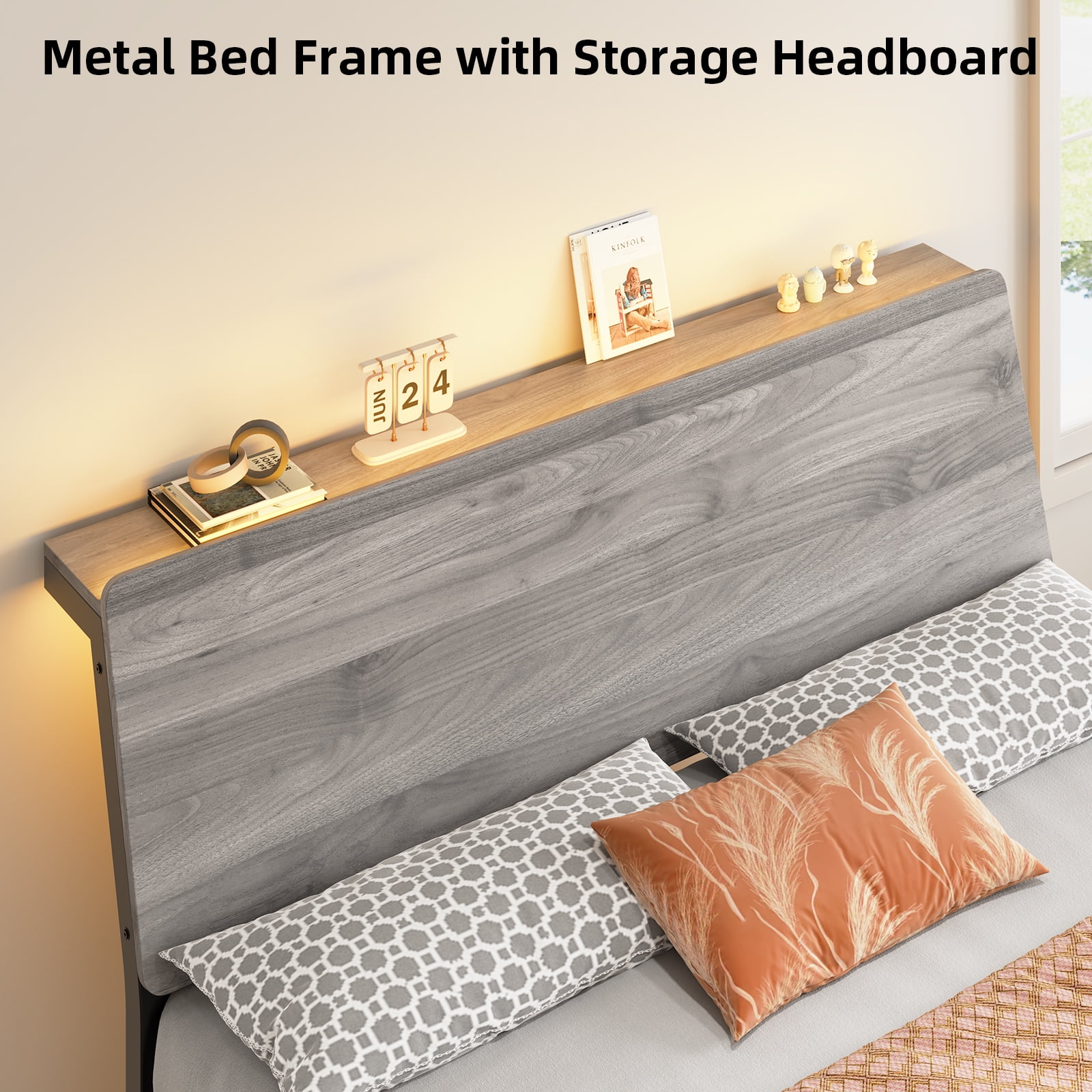 4 EVER WINNER Full Bed Frame with Storage Headboard and LED Light, Metal Platform Bed Frame with Wooden Headboard, No Box Spring, Gray