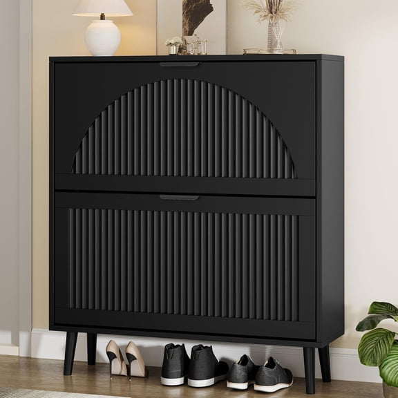 Shoe Storage Cabinet with 2 Flip Drawers, Narrow Wood Shoe Organizer Cabinet with Fluted Panel, Slim Shoe Rack for Entryway, Freestanding Shoe Cabinet for Living Room, Hallway