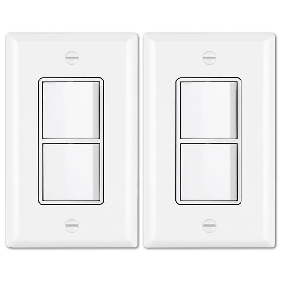 PLUHKN-2 Pack Double Rocker Light Switch, Single Pole Combination Interrupter, 15A 120V, Dual Control Paddle Rockers, in-Wall On/Off Switch, Wall Plate Included, White, UL Listed