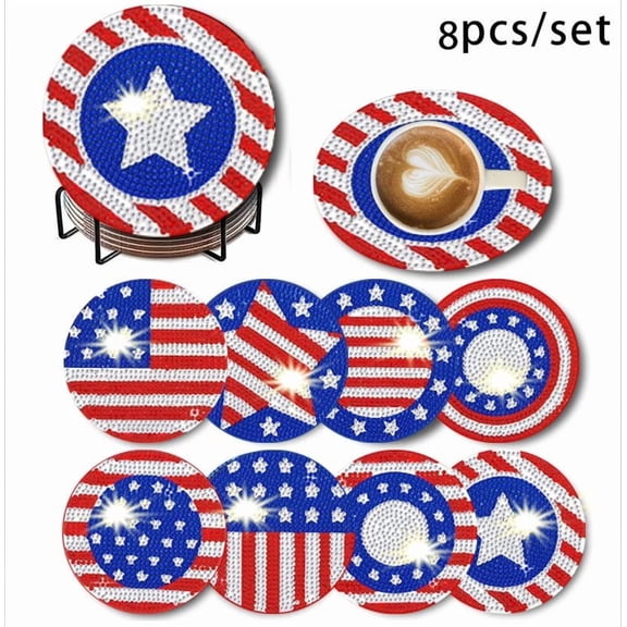 MMJ DIY 5D Diamond Art Coaster Kit Full Drill Round Sparkling Patriotic Flag Design 8 Pcs