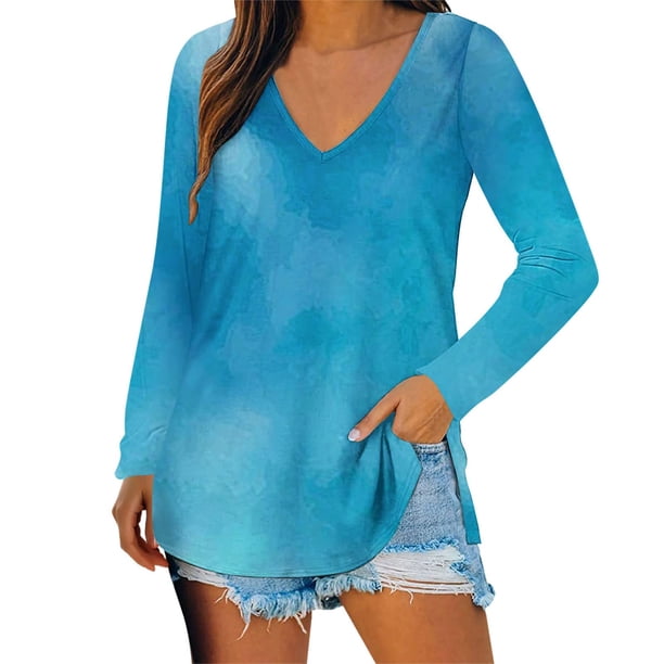 Camisas de manga larga para mujer, cuello en V, ajuste holgado, túnica de otoño, tops de otoño para mujer Pompotops FGAJ8374