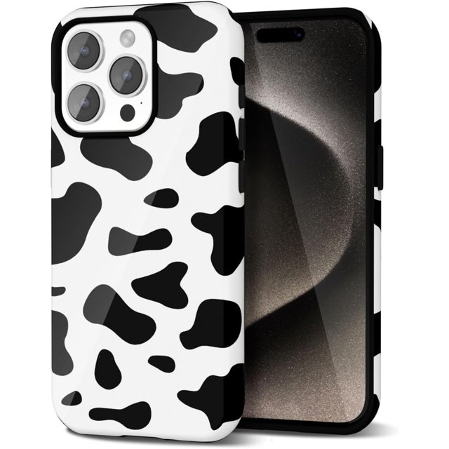wqlpp-Cow Étui de Téléphone Imprimée pour iPhone 15 Pro Max, Étui Girly Mignonne pour Femmes Filles, Design Imprimé Animal Rétro Cool, Motif Esthétique Y2k Étui Rigide en Plastique, Noir