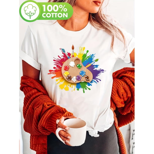 Camiseta De Mujer Verano Casual Mujer Básica Camiseta Para Deportes Callejeros PlayaWomen's 100% Tie-Dye Art Print T-Shirt – Short Sleeve Crew Neck Casual Top with Vibrant Palette Design for Summer