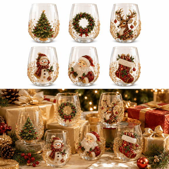 3D Christmas Glass Art Cup, Luxury Raised Holiday Glassware with Santa Design, Clear Stemless Wine Glass for Christmas Drinks Coffee Tea Juice, Holiday Gift Style A