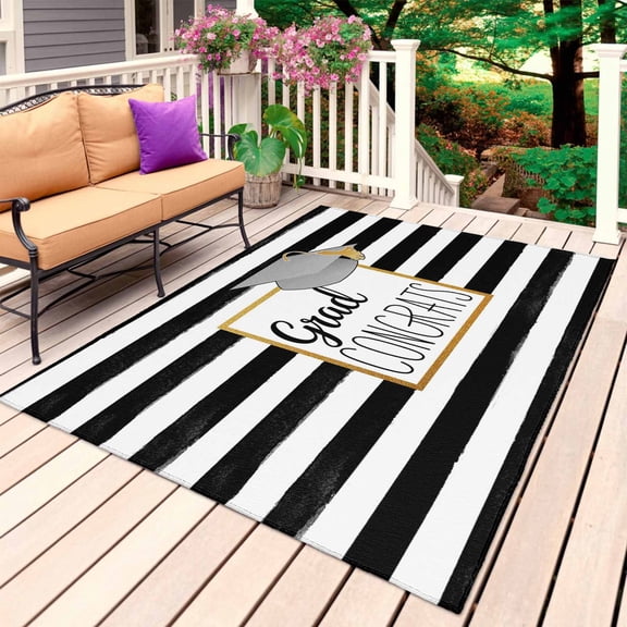 Graduation Trencher Cap Outdoor Rug 4x6 Ft, Non Slip Washable Area Rug, Farmhouse White Black Horizontal Stripes Patio Rugs Carpet Runner, Large Floor Mat for Indoor/Outdoor Deck Porch Camping