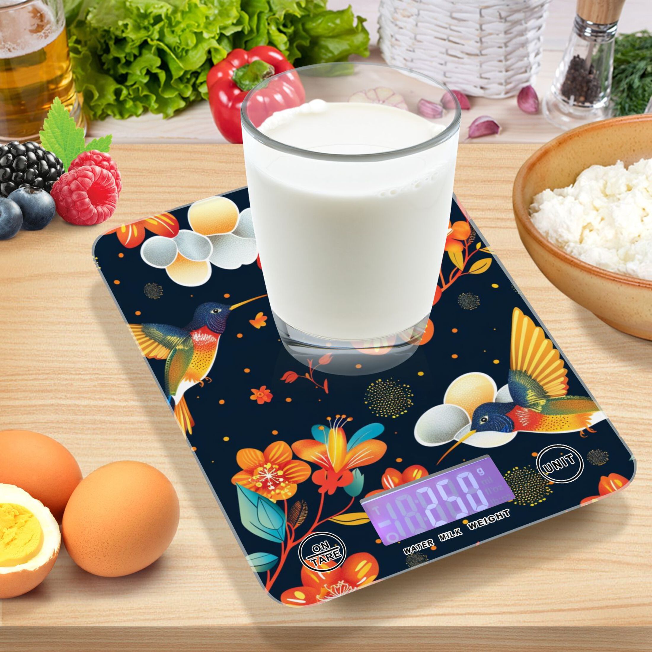 Birds with Flowers Food Scale Digital Kitchen Scale Waterproof Tempered Glass Tare Function 11 lb for Baking Cooking Meal Prep