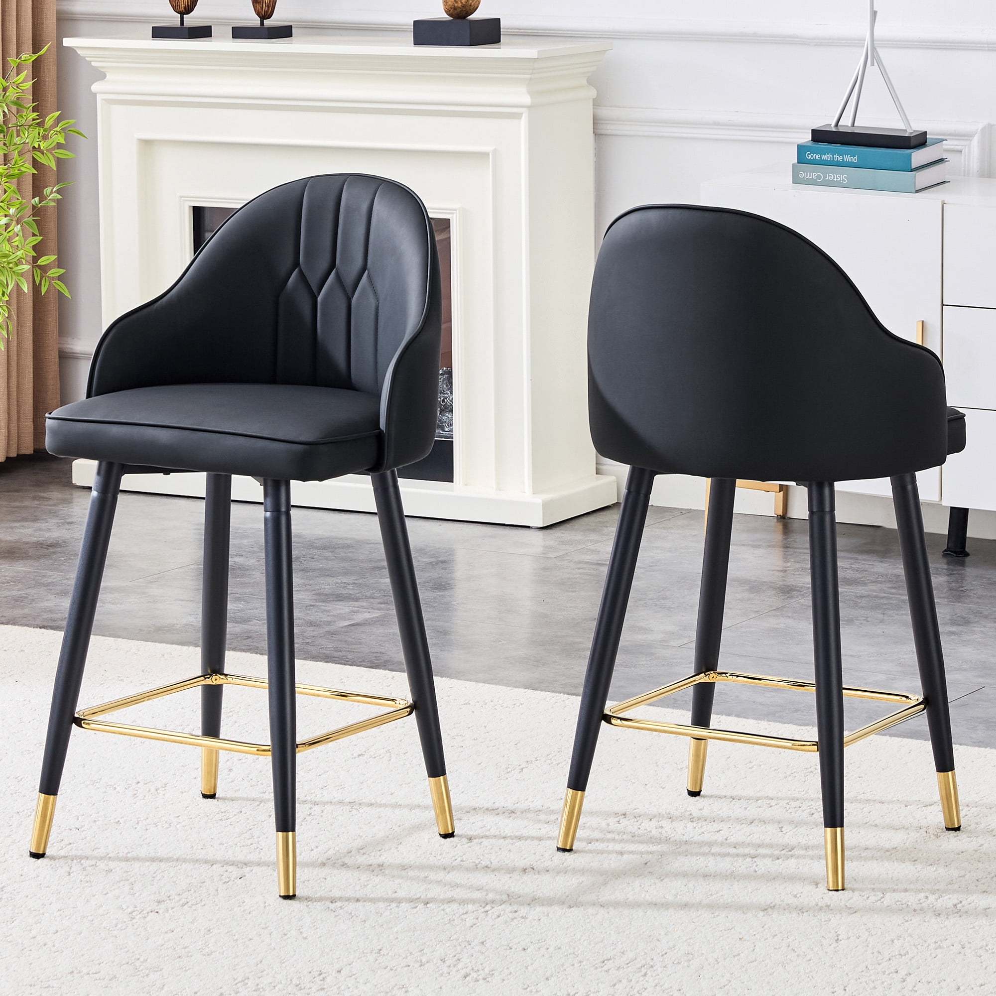 Mintazer Modern Bar Stools Set of 2, Waterproof PU Leather Bar Stool with Backrest & Gold Accent Footrest, Counter Height Bar Chairs for Kitchen Island, Black