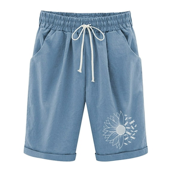 Xudanell Women's Fashion Cotton And Printed Cartoon Solid Color Pocket Tied Up Pants Casual Shorts(Blue,L)