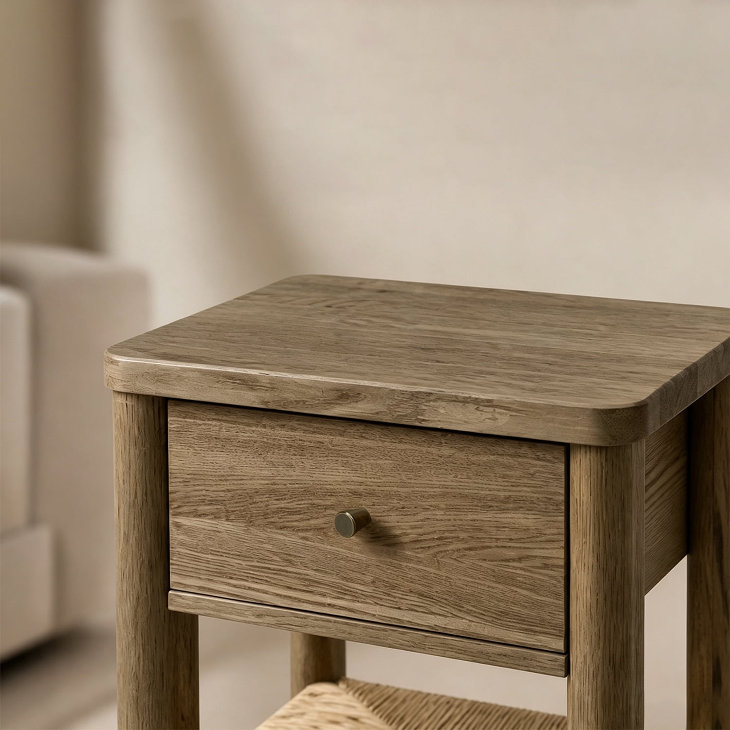 Nightstand Side Table 15.75 Inch, Solid Wood Round Legs with Woven Jute Storage Shelf and Drawer for Bedroom Living Room, Antique Grey