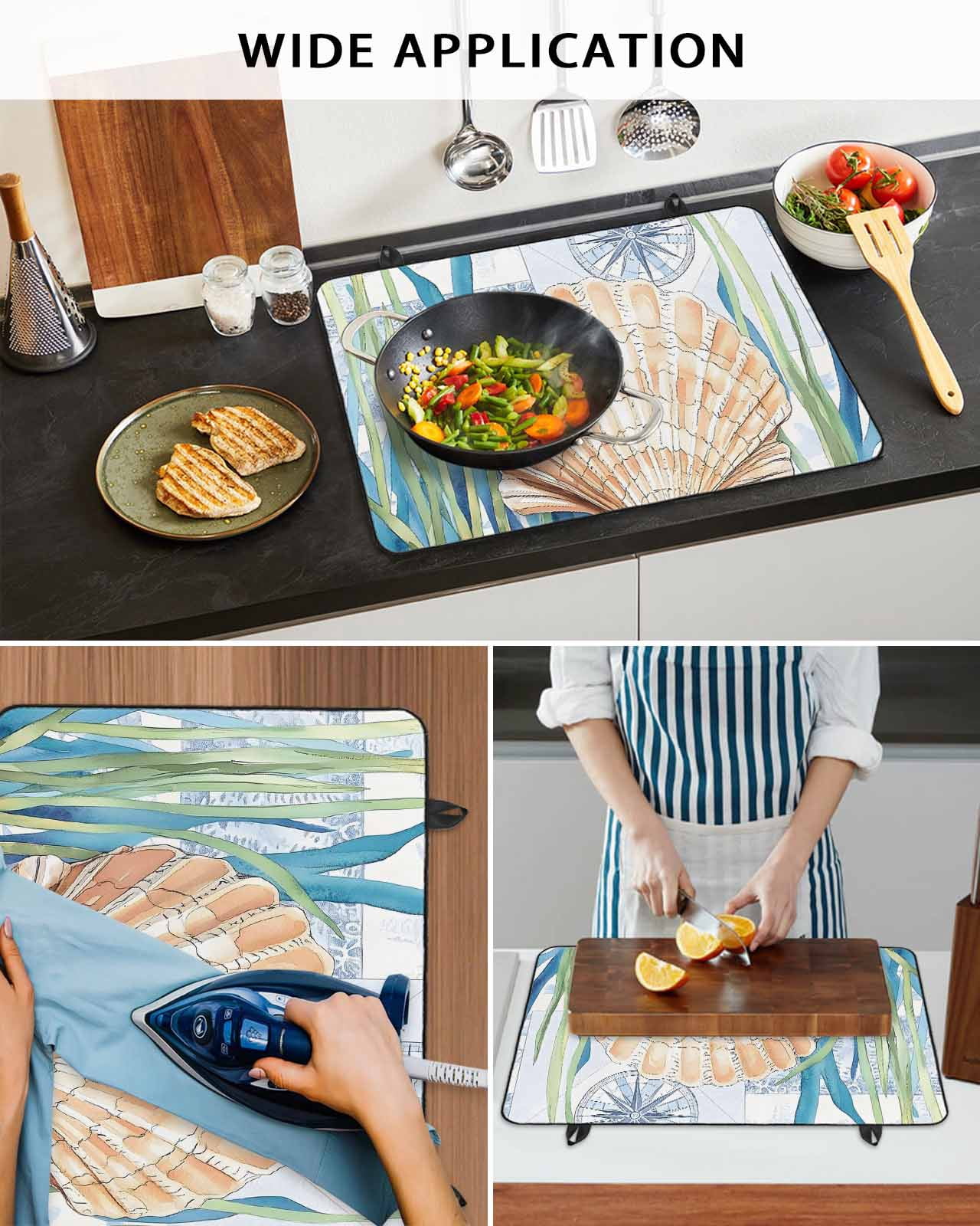nqOlkjepod Large Induction Cooktop Protector Mat 24"x21", Summer Nautical Stove Top Covers for Electric Stove, Ocean Watercolor Blue Green Plant Shell Stove Burner Cover Mats, Glass Top Stove Cover