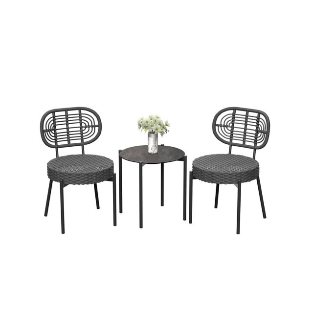 Ensemble Bistro de Patio en Osier 3 Pcs – Chaises de Salle à Manger d'Extérieur en Rotin avec Table en Verre Trempé pour Jardin, Balcon, Cour Arrière Ou Appartement