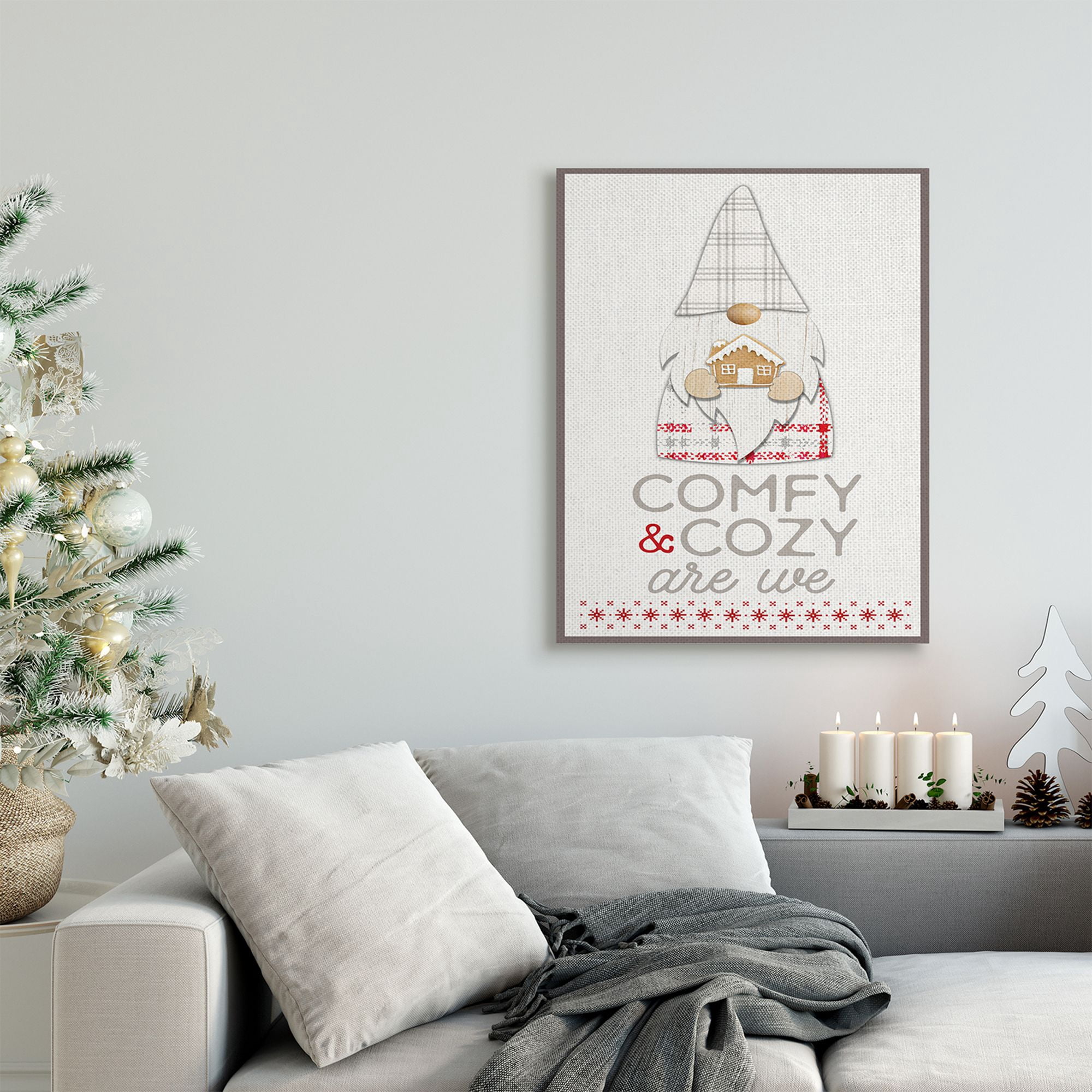 Stupell Industries Comfy and Cozy Phrase Red Plaid Christmas Gnome Fairy Tales & Fantasy Painting Gallery Wrapped Canvas Art Print Wall Art, 24 x 30