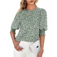 thumbnail image 1 of Blusa de cuello redondo de manga corta con puños estampados y botones en la espalda, blusa ajustada informal para mujer, 1 of 6