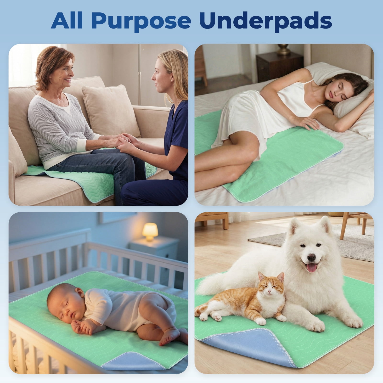 4pack 36” x 36” Extra Heavy Absorbency Washable Underpads, Waterproof Quick Drying Nursing Pads Incontinence Bed Pads, Reusable Washable Pee Pads for Dogs, Diaper Changing & Adults(Green)