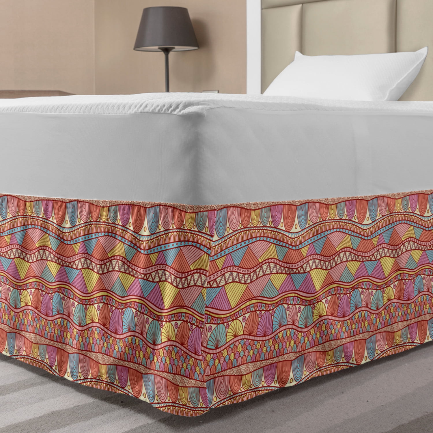 Ethnic Bed Skirt, Colorful Pattern Swirls Striped Abstract