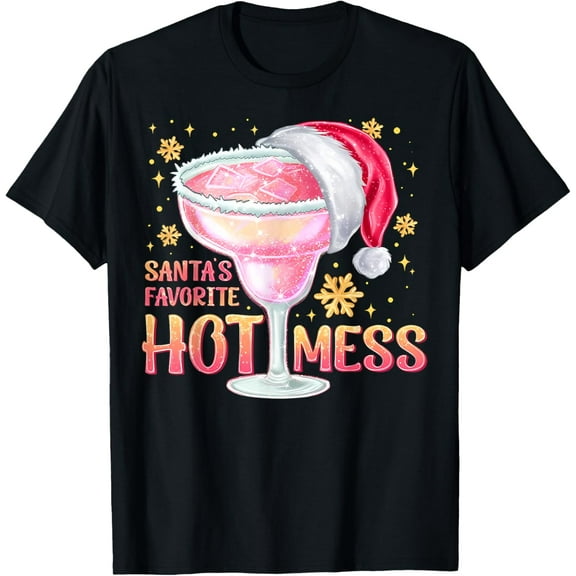Santa's Favorite Hot Mess Pink Christmas Cocktail T-Shirt men and women can wear, black, white, gifts