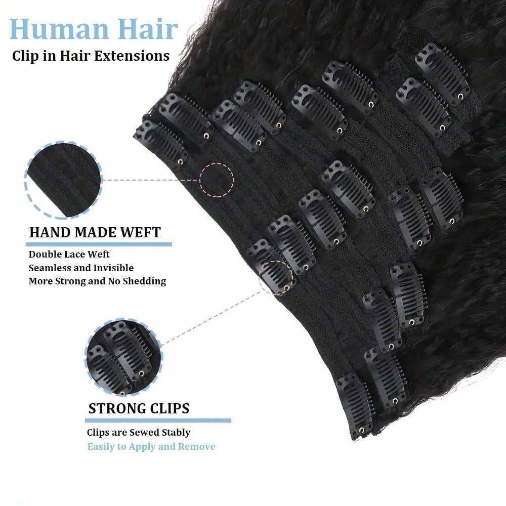 Kinky Straight Clip in Hair Extensions Seamless Clip ins Hair Extensions Real Human Hair Natural Black Yaki Straight Hair Extensions for Black Women
