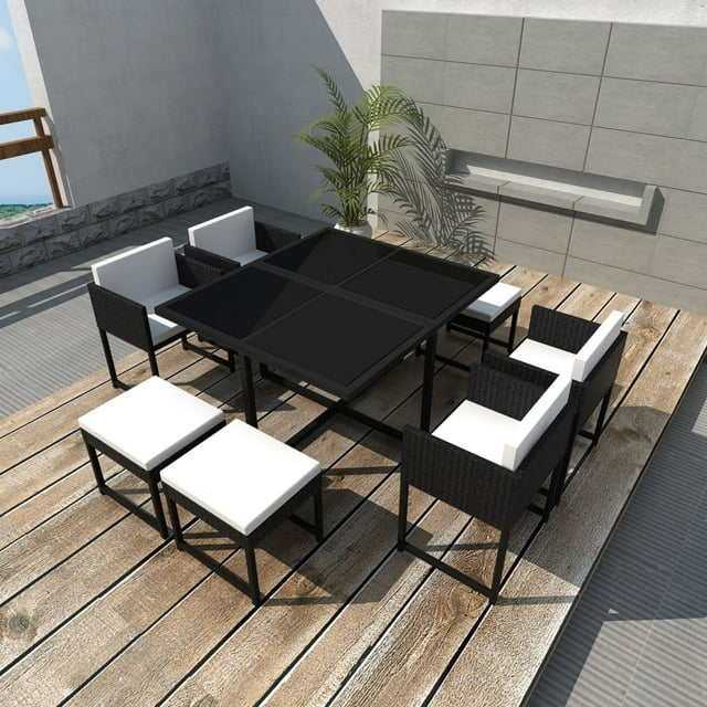 vidaXL Ensemble de Salle à Manger d'Extérieur 9 Pcs avec Coussins en Rotin Synthétique Noir