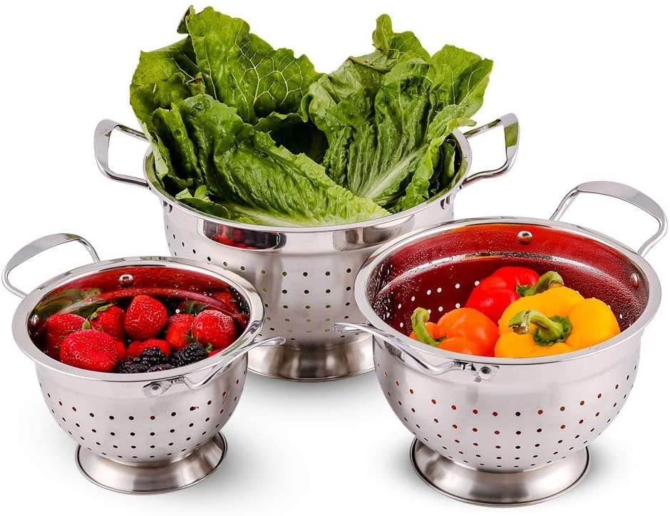 Ovente Stainless Steel Deep Colander 3 Piece Kitchen Strainer Set
