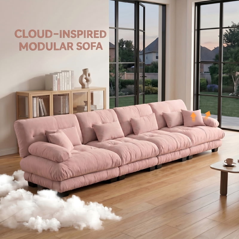 ANPPORT Cloud Couch Sleeper Sofa, Chenille Pink 4-Seater Modular Sofa, 4 Lumbar pillows, 2 Pillows, Comfy Deep Seat Cloud Sofa, Convertible L-Shaped Floor Couch for Living Room