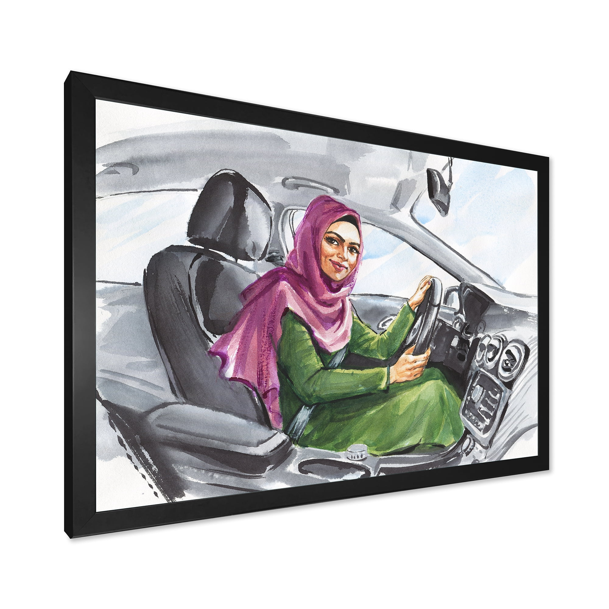 Designart 'Arabian Lady Driving A Car II' Modern Framed Art Print