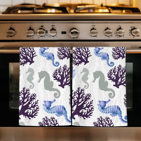 Seahorse Coral Coastal Kitchen Towels Set of 2, Nautical Summer Beach Ocean Sea Absorbent Dish Towels for Kitchen, Microfiber Hand Towel, Quick Drying Tea Towel for Cleaning Decorative Dishcloths